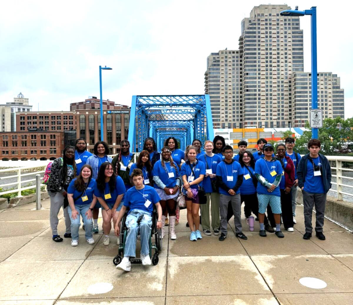 Battle Creek Central High Excel students on the Grand Rapids blue bridge
